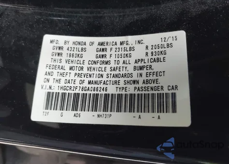 2016 Honda Accord Ex из США, поврежденный, VIN 1HGCR2F78GA086246